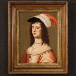 Ancien tableau portrait de dame, huile sur panneau du 18ème siècle