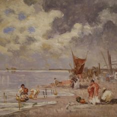 Dipinto olio su tela paesaggio marino quadro firmato con cornice epoca 900