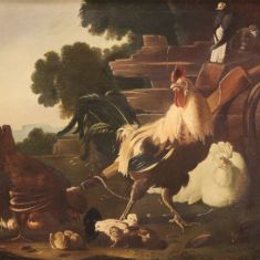 Quadro italiano olio su tela con cornice veduta con animali da cortile epoca 800